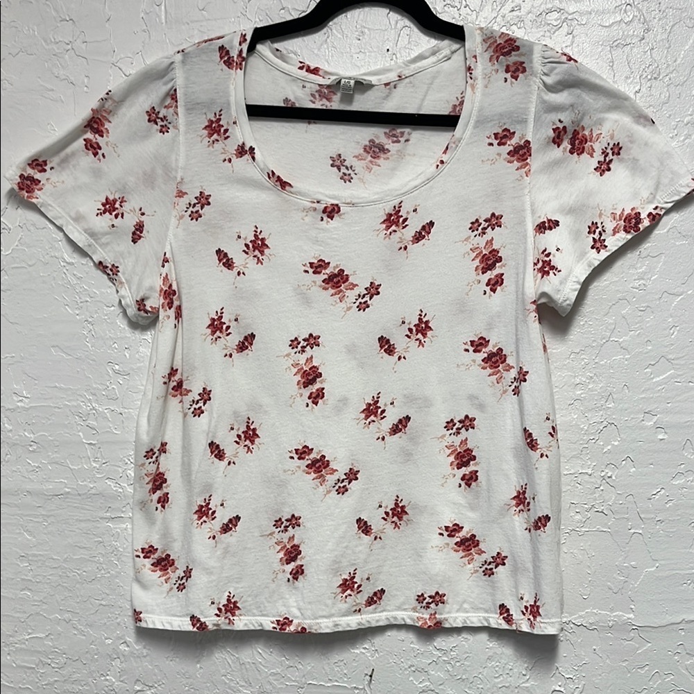 Lucky Brand Pink White Floral Scoop Neck Short Sleeve Tee SZ L - Picture 2 of 7